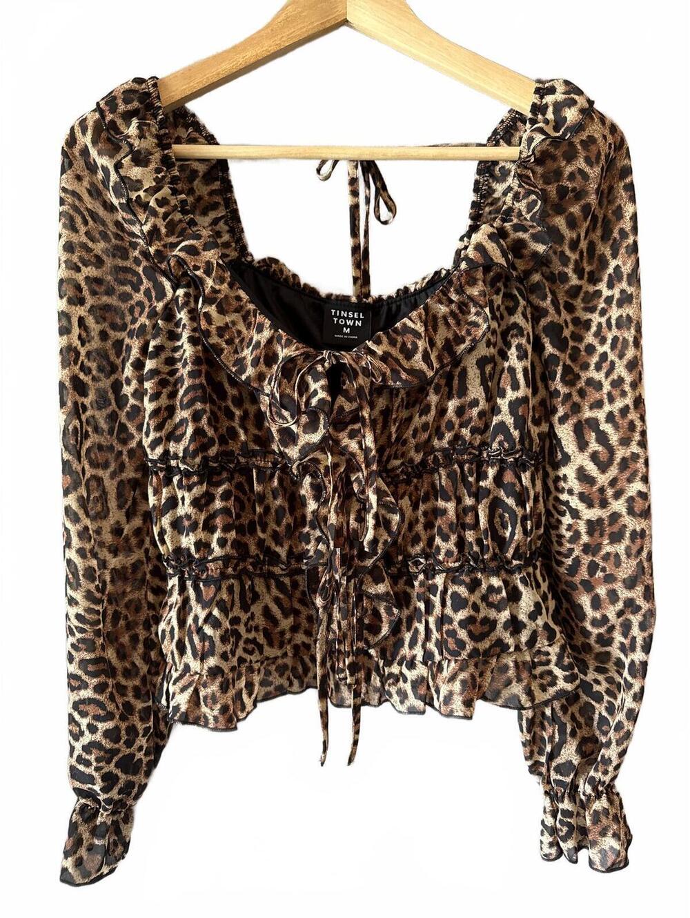 Tinsel Town Animal Print Blouse with Ruffle Detail - Size M